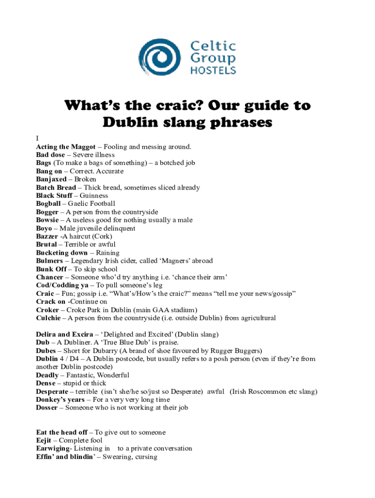 Fillable Online What's the craic? Our guide to Dublin slang phrases Fax