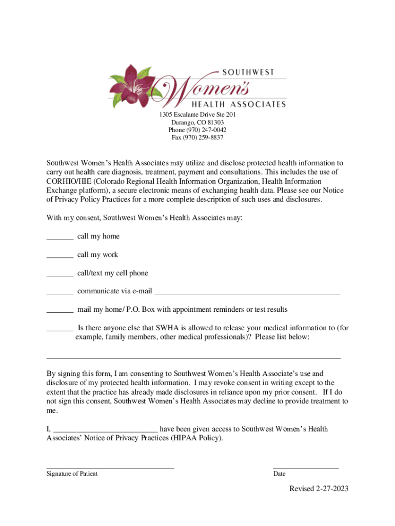 Fillable Online Southwest Women's Health Associates Home Fax Email