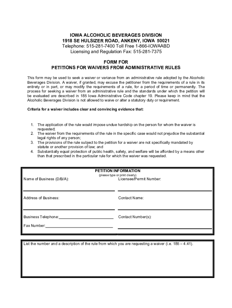 Fillable Online Form for Petition for Waivers from Administrative Rules