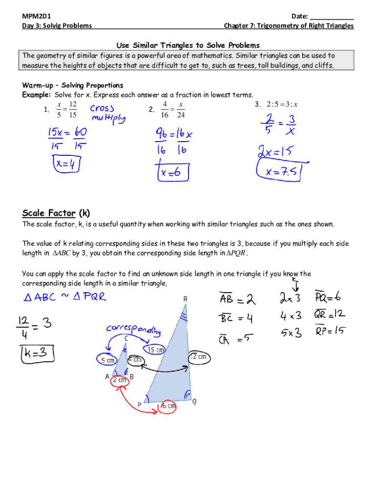Fillable Online Using similar triangles to find the measure of x