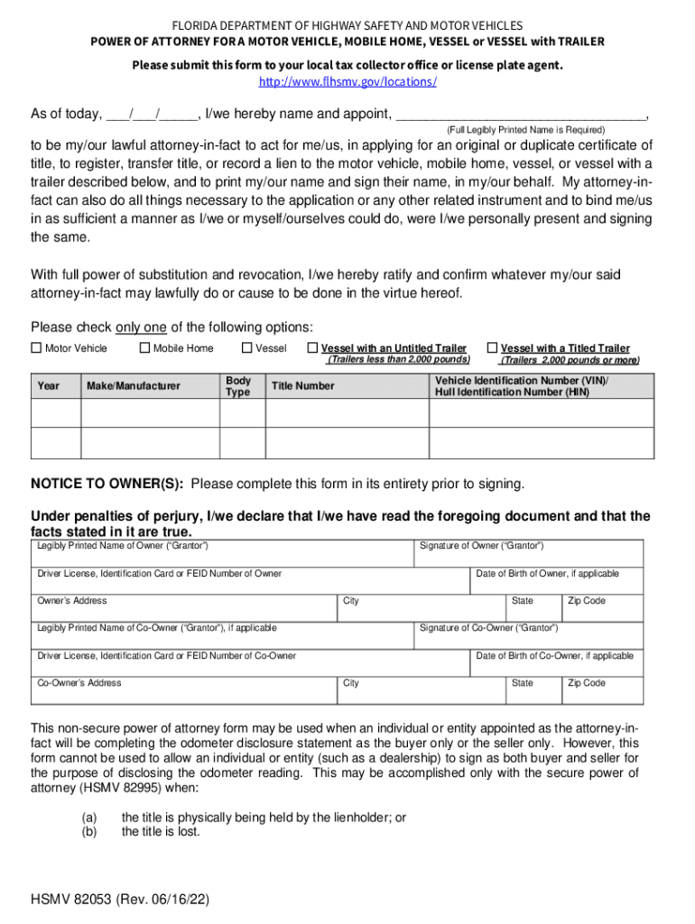Fillable Online Free Motor Vehicle Power of AttorneyFlorida Fax Email