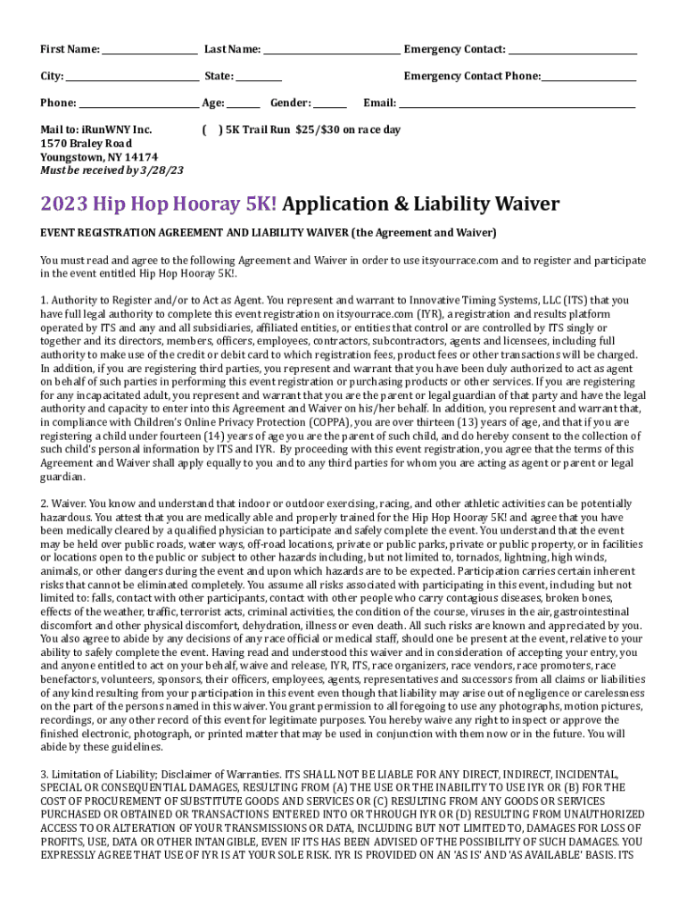 Fillable Online 2023 Hip Hop Hooray 5K Application & Waiver.docx Fax Email Print pdfFiller