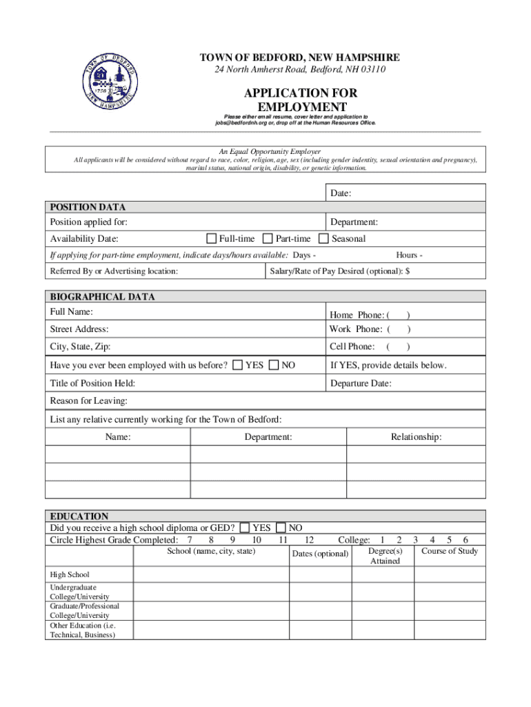 Fillable Online town of bedford, new hampshire application for