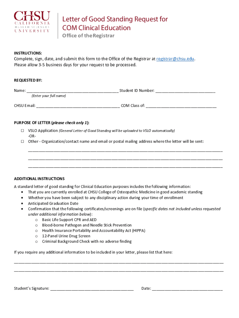 Fillable Online Letter of Good Standing Request for COM Clinical