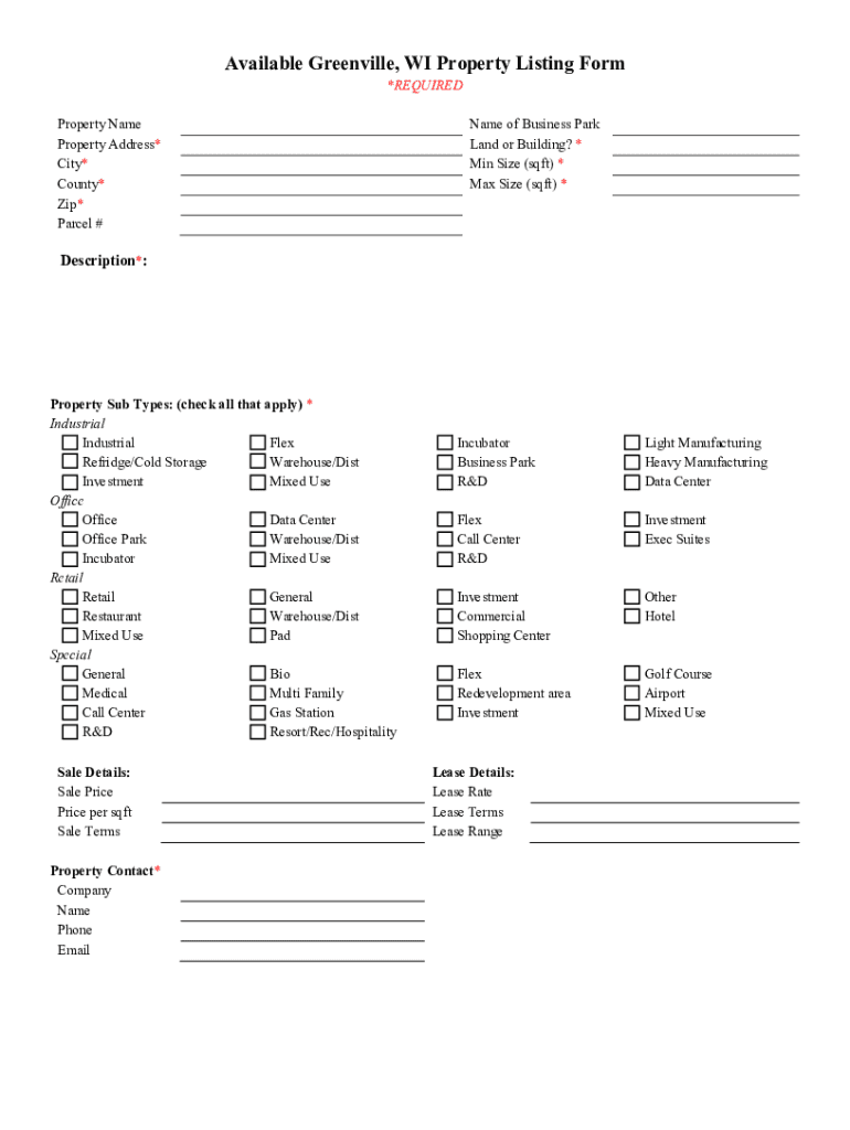Fillable Online Available Greenville, WI Property Listing Form Fax