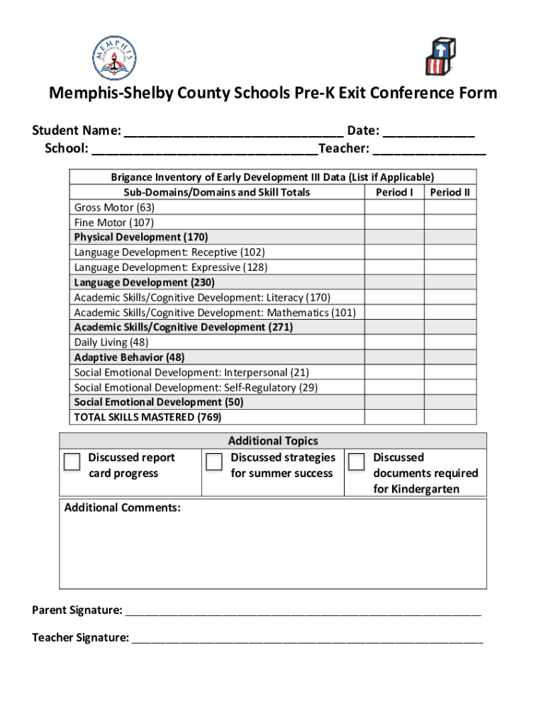 Fillable Online MemphisShelby County Schools PreK Exit Conference