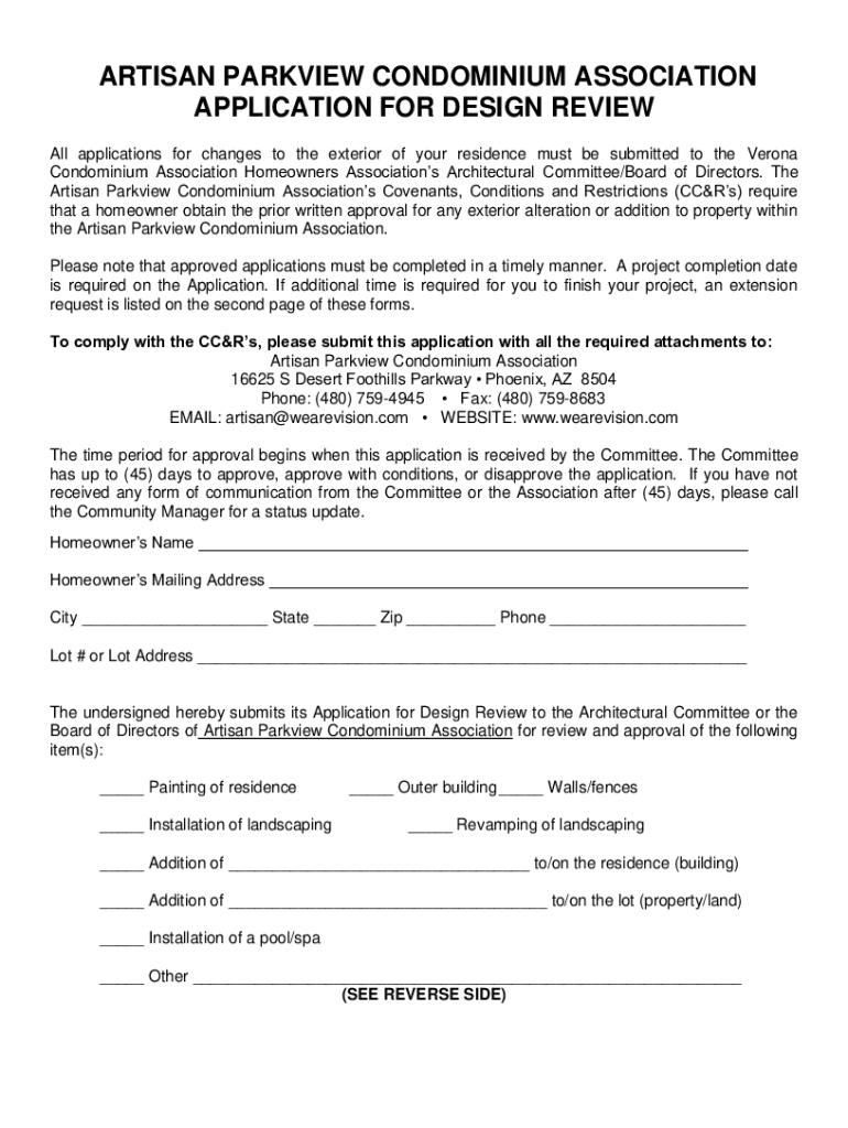 Fillable Online artisan parkview condominium association application