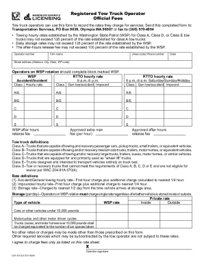 Registered Tow Truck Operator Official Fees. Tow truck operators can use this form to record the rates they charge for services.