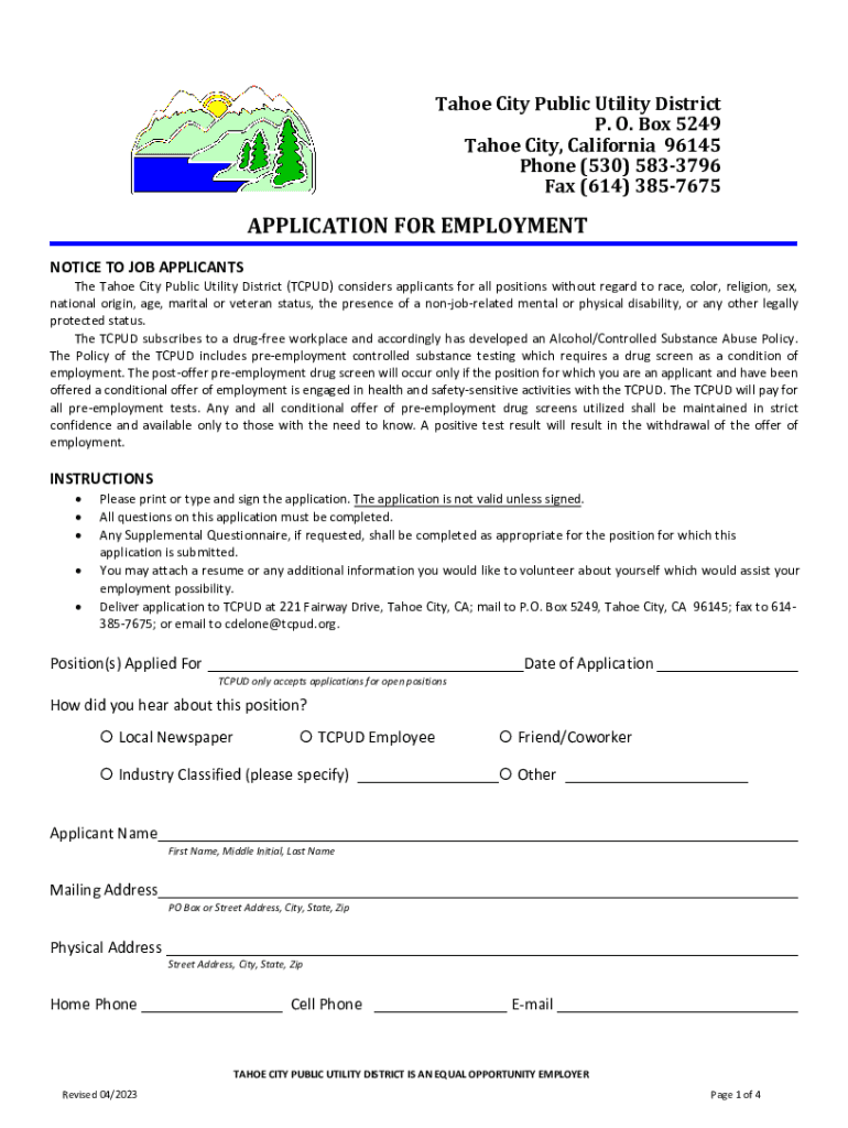 Fillable Online Tahoe City Public Utility District 401 West Lake Blvd
