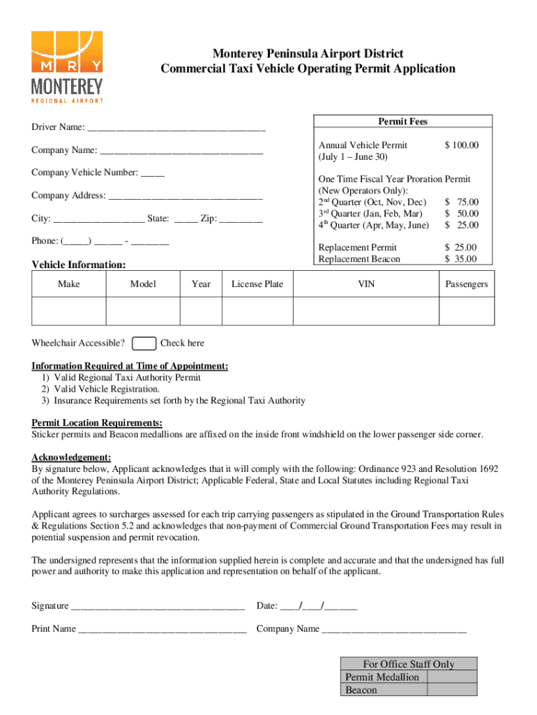 Fillable Online Taxi Vehicle Operating Permit Monterey Peninsula