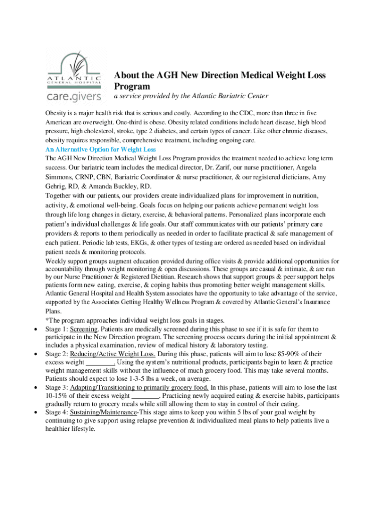 Fillable Online About the AGH New Direction Medical Weight Loss Program