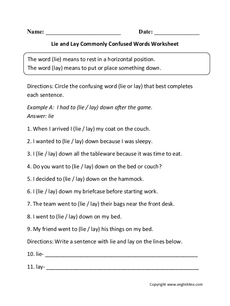 Fillable Online Lie And Lay Commonly Confused Words Worksheet Fax Email Print Pdffiller Fillable Online Lie And Lay Commonly Confused Words Worksheet Fax Email Print Pdffiller