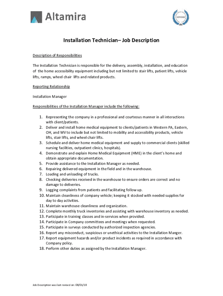 Fillable Online Best Installation Technician Job Description Template