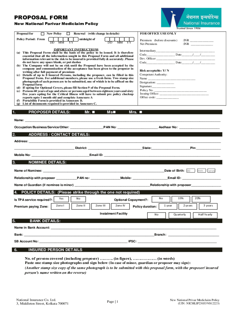 Fillable Online New India Top Up Mediclaim Proposal Form Fax Email