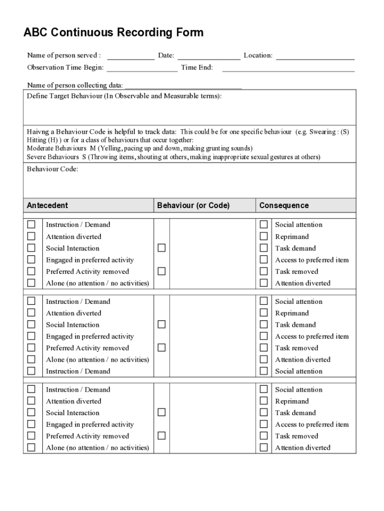 Fillable Online ABC Continuous Recording Form Fax Email Print pdfFiller