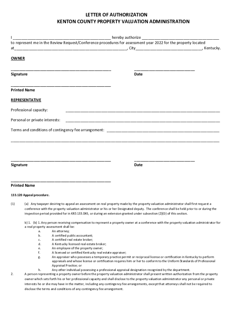 Fillable Online LETTER OF AUTHORIZATION KENTON COUNTY PROPERTY Fax