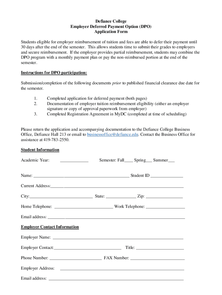 Fillable Online Forms Business Office Defiance College Fax Email