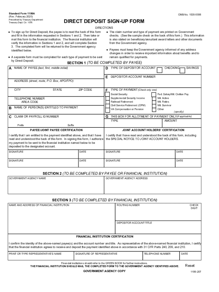 Standard Form 1199A Direct Deposit Sign-Up Form Preview on Page 1