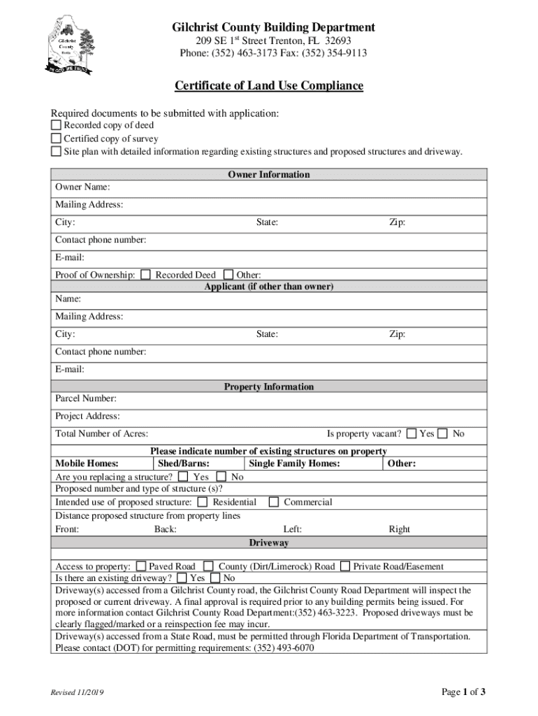 Fillable Online Gilchrist County Building Department Certificate of