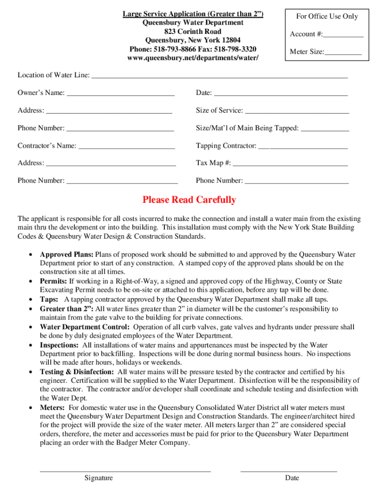 Fillable Online Town of Queensbury NY Water Department Forms Fax Email