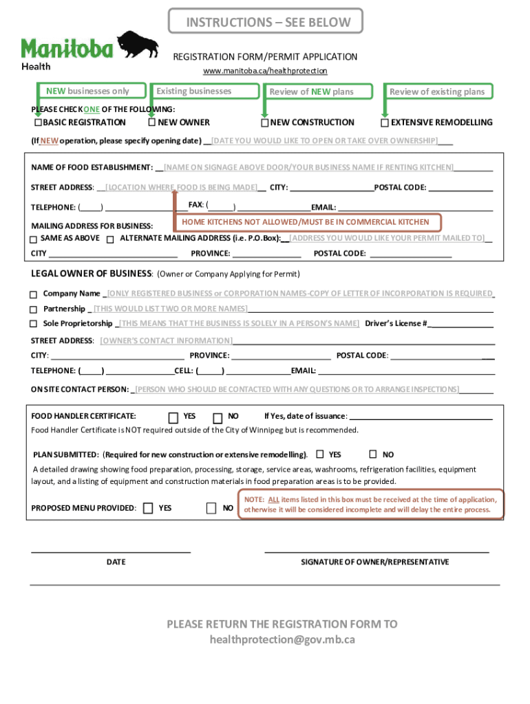 Fillable Online Food Handling Permit Registration Form Instructions Fax