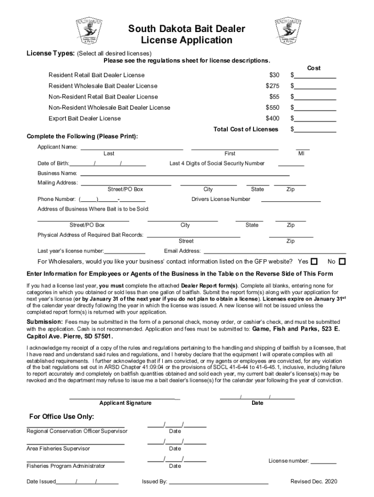 Fillable Online gfp sd South Dakota Bait Dealer Fax Email Print pdfFiller