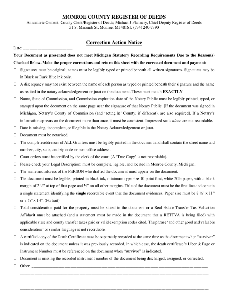 Fillable Online MONROE COUNTY REGISTER OF DEEDS Correction Action
