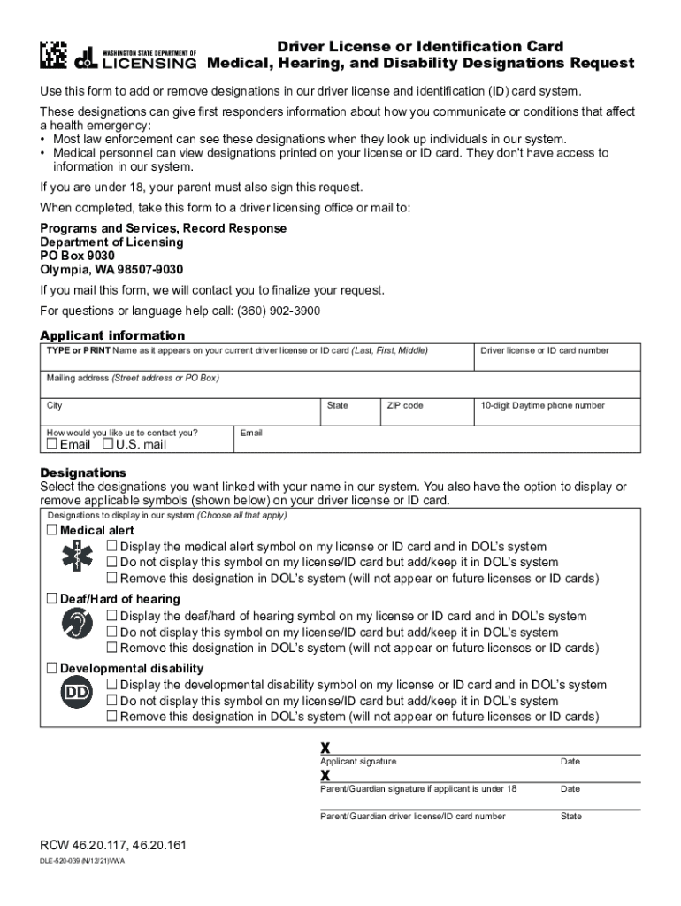 Driver License or Identification Card Medical, Hearing and Disability Designations Request Form to r Preview on Page 1