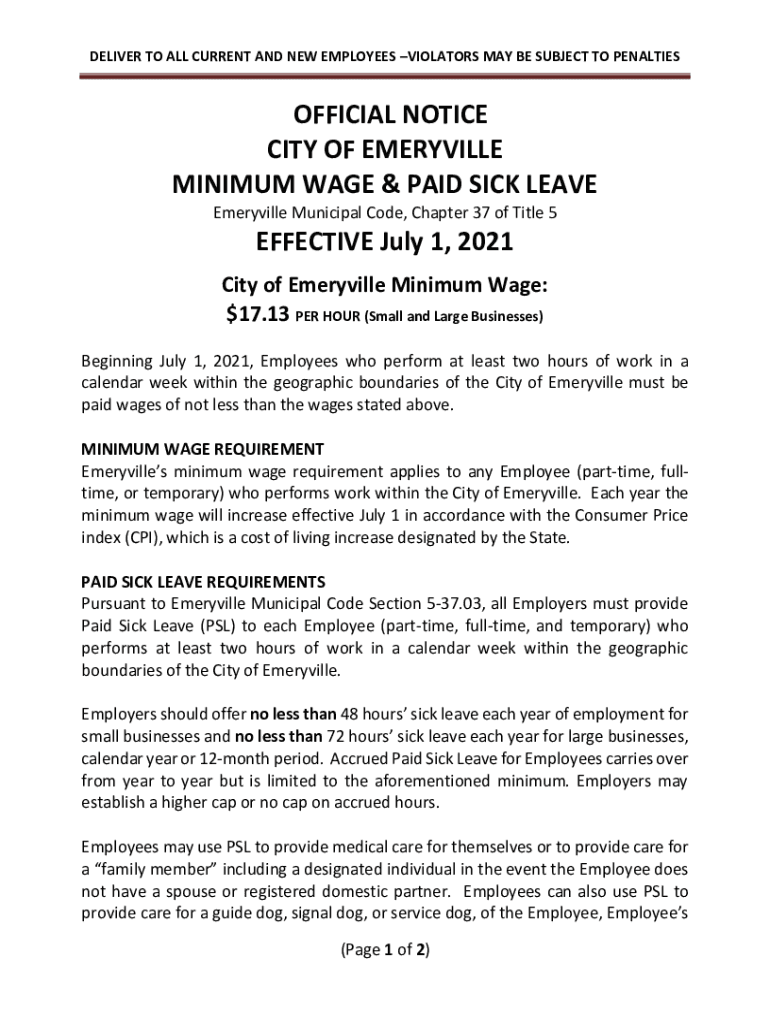 Fillable Online official notice city of emeryville minimum wage & paid