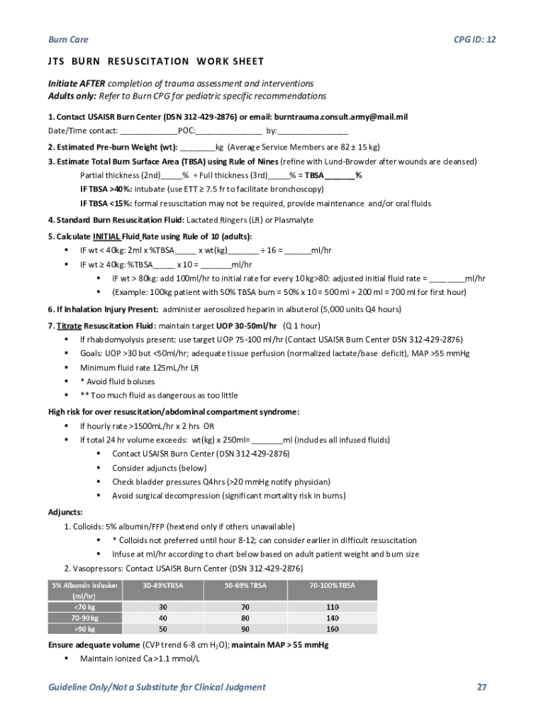 Fillable Online JTS BURN RESUSCITATION WORK SHEET Fax Email Print