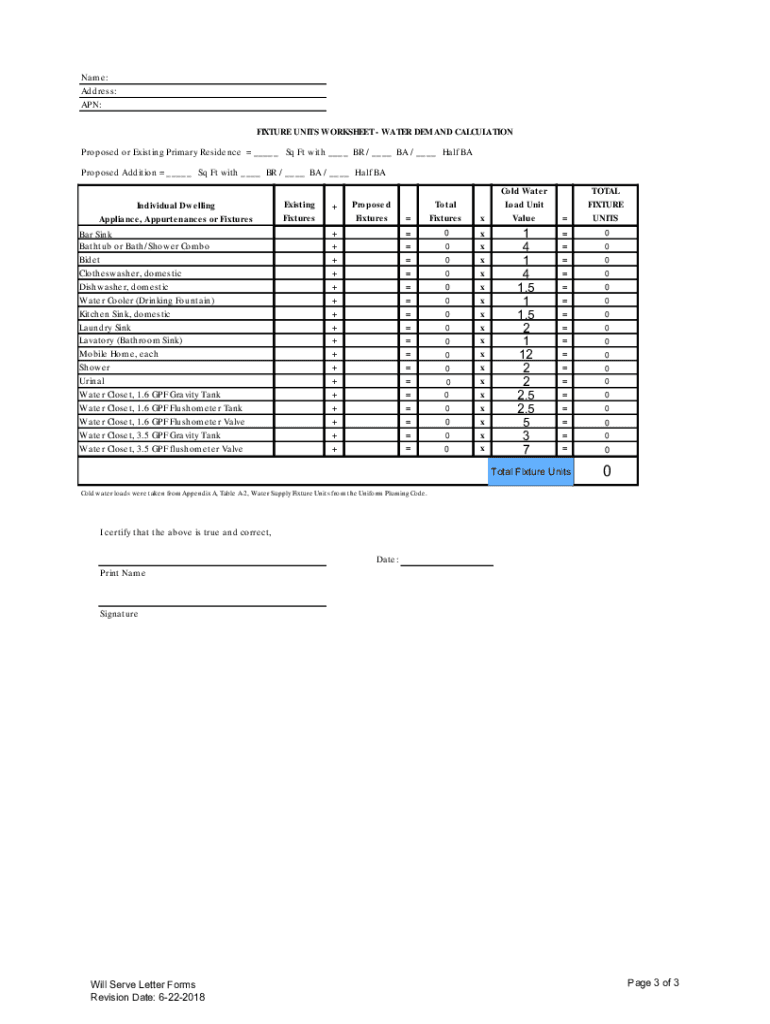 Fillable Online Instructions for completing Water Calculation Worksheet