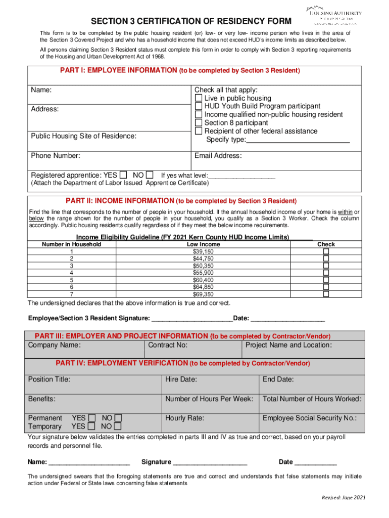 Fillable Online SECTION 3 CERTIFICATION OF RESIDENCY FORM Fax Email Print pdfFiller