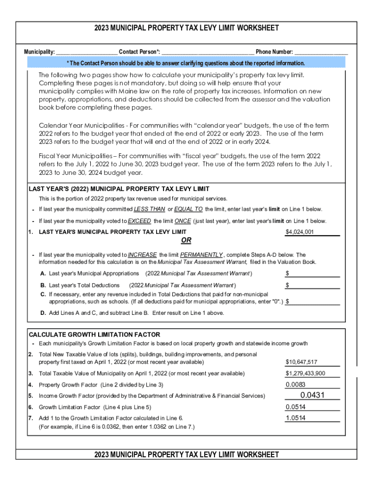 Fillable Online 2023 municipal property tax levy limit worksheet Fax