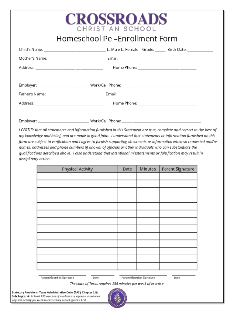 Fillable Online Homeschool Pe Enrollment Form Fax Email Print - pdfFiller