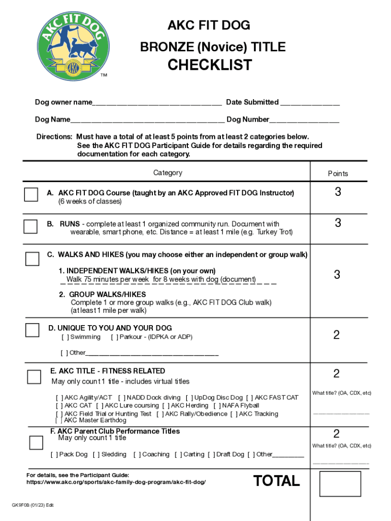 Fillable Online AKC FIT DOG TITLES! Bronze, Silver, Gold My Honest