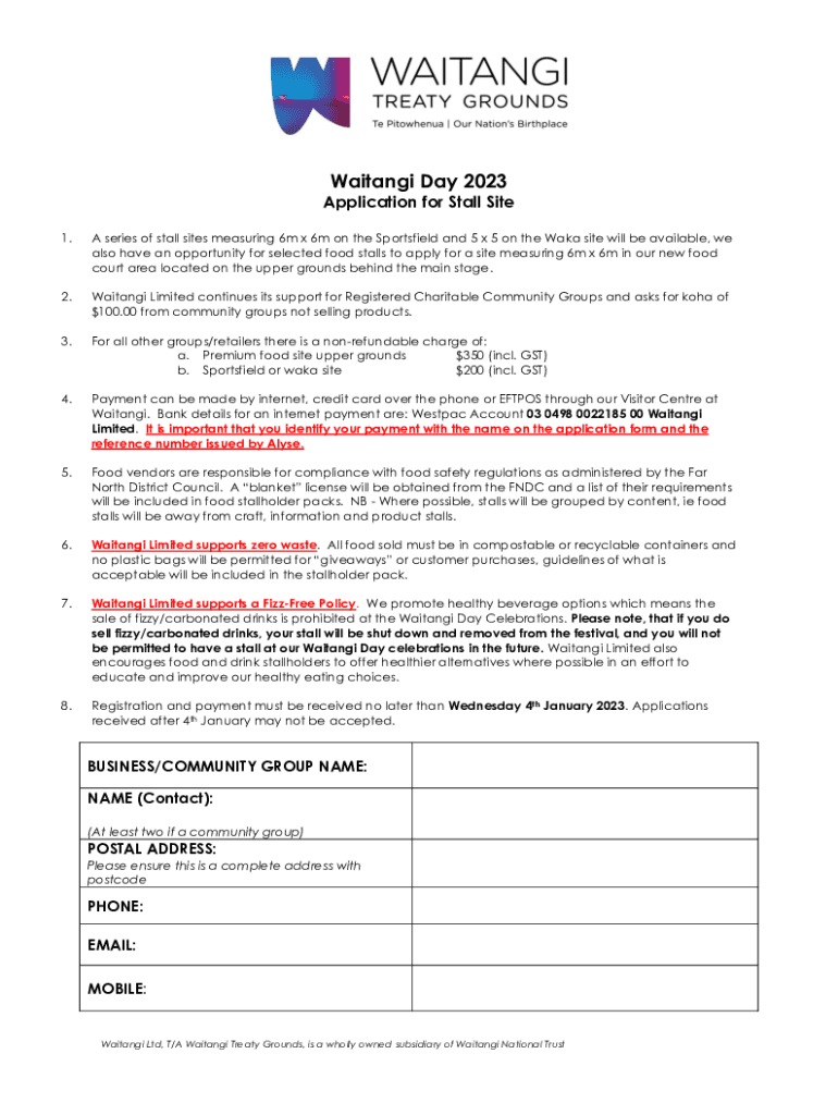 Fillable Online Waitangi Day Stall Holders Application Form Fax Email