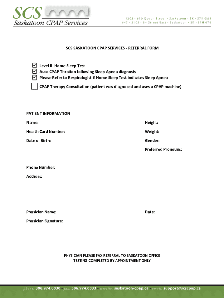Fillable Online scs saskatoon cpap services referral form Fax Email