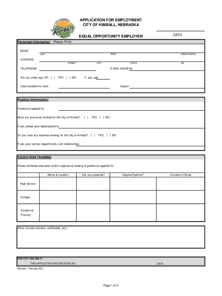 Fillable Online APPLICATION FOR EMPLOYMENT CITY OF KIMBALL Fax