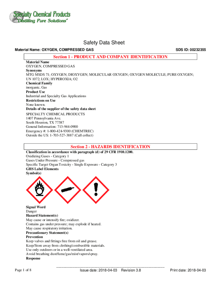 Fillable Online Oxygen, Compressed Gas SDS ID UIGO2G01R0 Fax Email