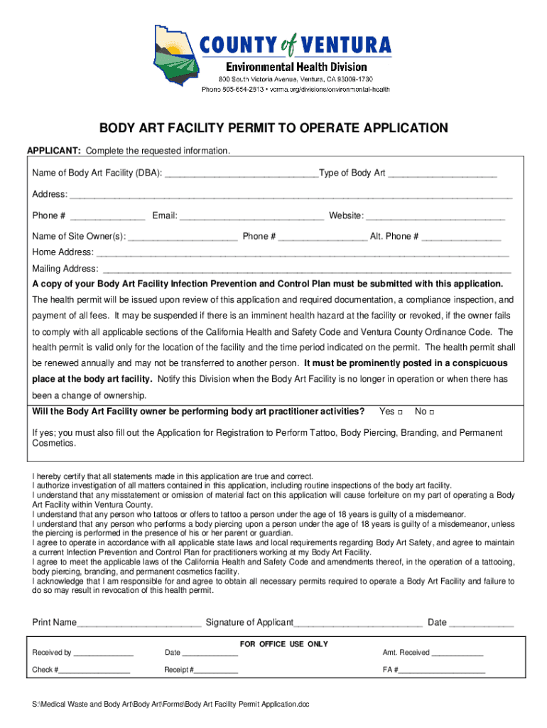 Fillable Online body art facility permit to operate application Fax