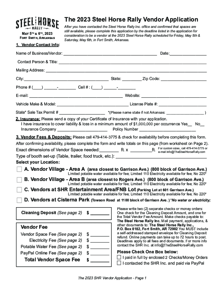 Fillable Online The 2023 Steel Horse Rally Vendor Application Fax Email