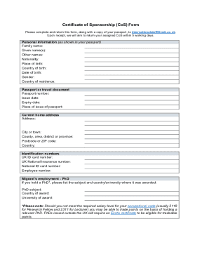 Fillable Online Certificate of Sponsorship (CoS) Form Fax Email Print ...