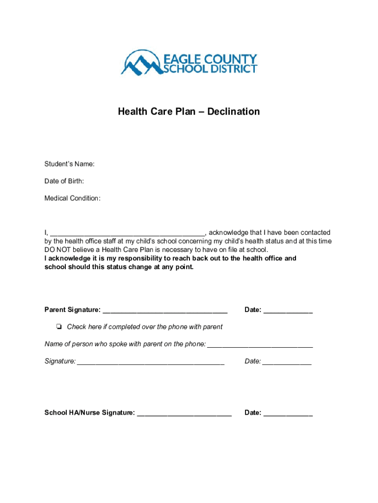 Fillable Online Health Care Plan Declination Form ENG Fax Email Print