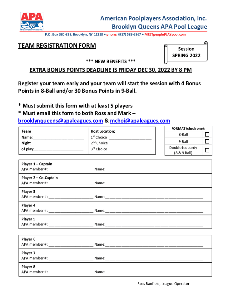 Fillable Online Brooklyn Queens APA American Poolplayers Association