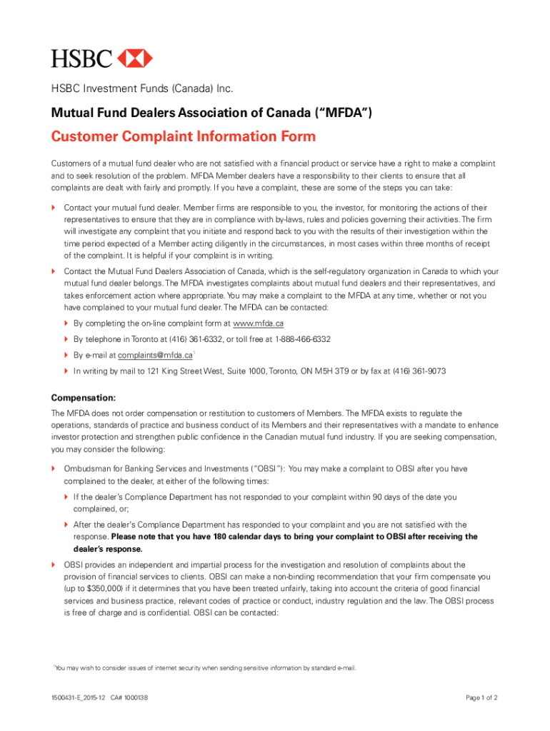 Fillable Online Mutual Fund Dealers Association of Canada (MFDA), Customer Complaint Information