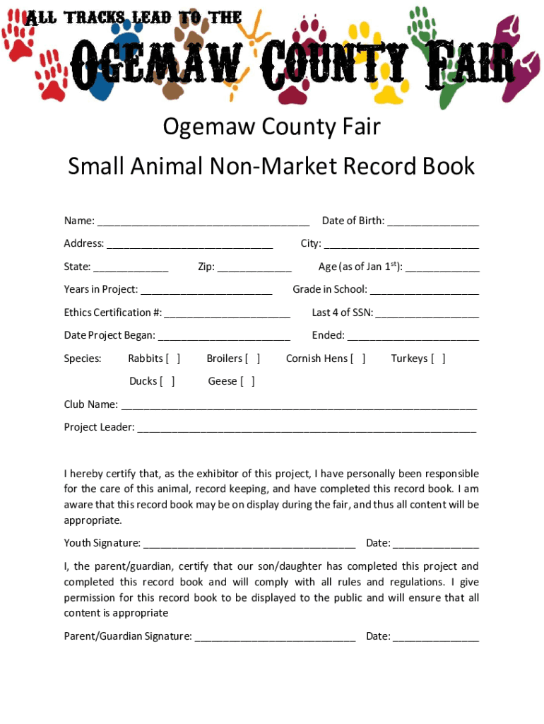 Fillable Online Ogemaw County Fair Small Animal NonMarket Record Book