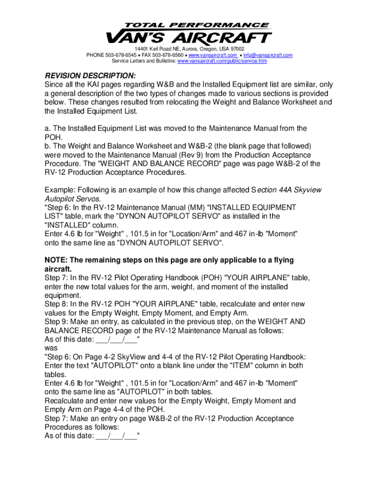 Fillable Online RV14 SAMPLE Vans Aircraft, Inc. PDF Catalogs Fax