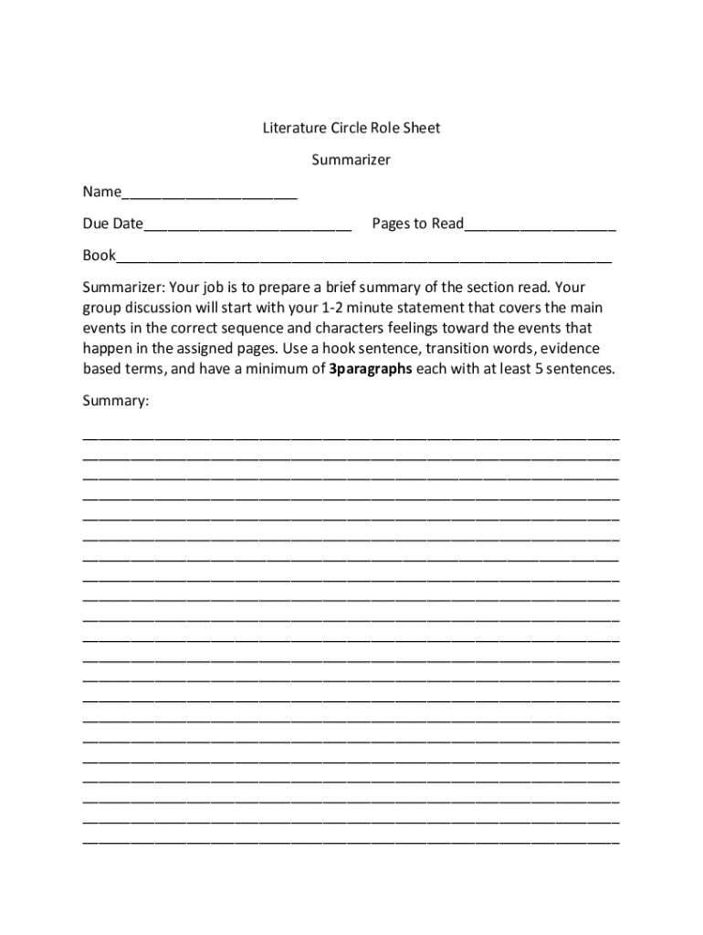 Fillable Online Literature Circle Role Sheet Summarizer Fax Email