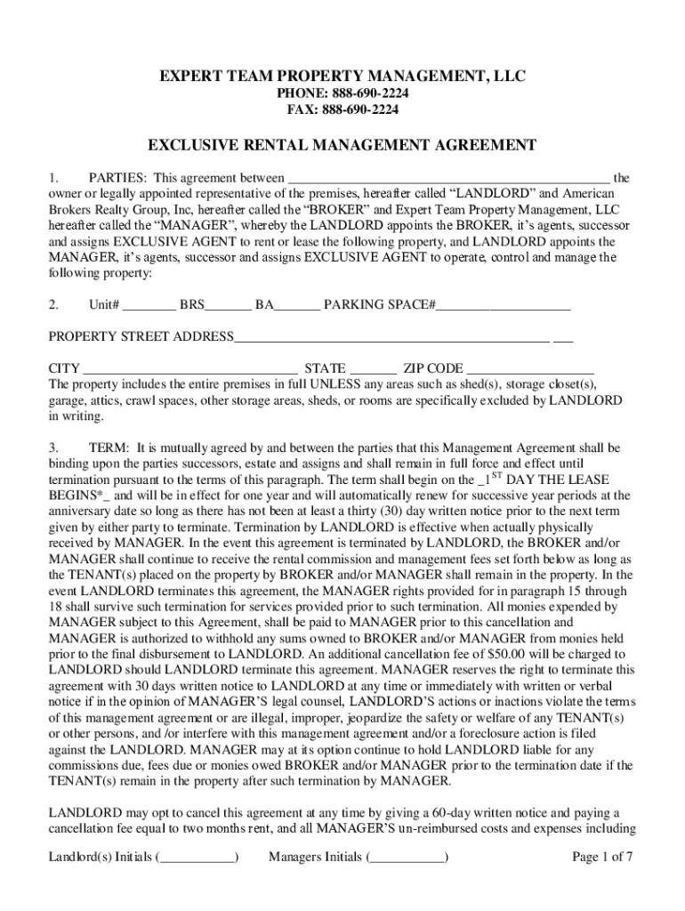 Exclusive Rental Management Agreement Preview on Page 1