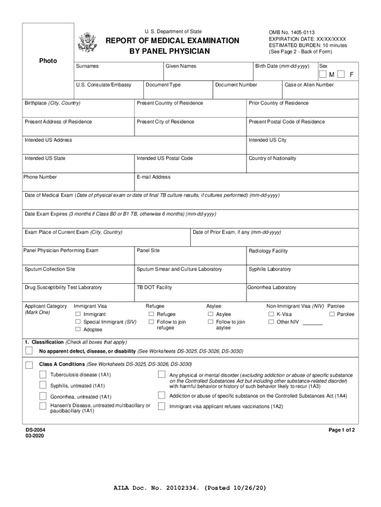 Fillable Online Form DS2054 Medical Examination for Immigrant or